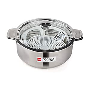 CELLO Roti Plus Solid Stainless Steel Casserole for Roti, Medium, Silver | Hot Box for Kitchen | Hot Pot | Locks in The Cold & Heat for Long | Serving Bowl with Glass Lid | Casserole with drip Tray |