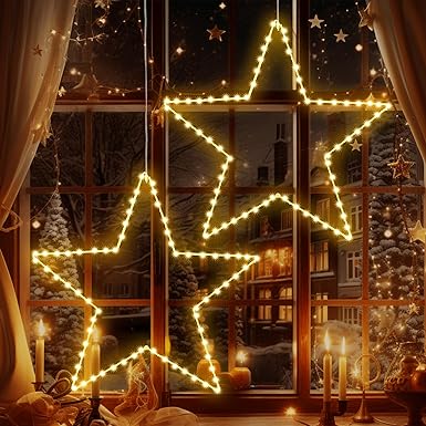 Marchpower Christmas Window Star Silhouette Lights, 19inch 70LED 2 Pack Large Star Lighted Xmas Decoration - Battery Operated Twinkle Fairy Outdoor Timer Light Wedding Party Home Décor-Warm White