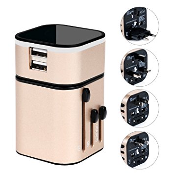 Travel Adapter - Universal International Travel Charger All-in-one Wall Charger Plug [US UK EU AU] with 3.2A Dual USB Ports For Apple, iPod, iPad, Android Smartphone -Safety Fuse Protection (Golden)