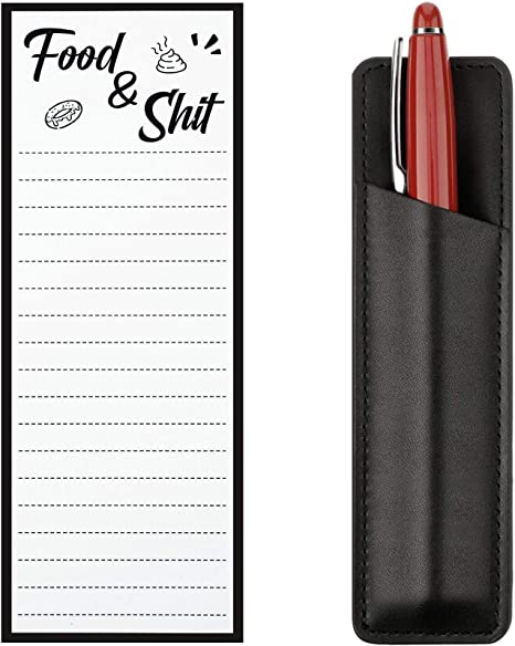 Magnetic List Notepad Funny Grocery List Pad Magnet Refrigerator Notepad with Fridge Pen Holder Magnetic Faux Leather Marker Pouch for Refrigerator, to Do Lists (Black, White,Simple Style)