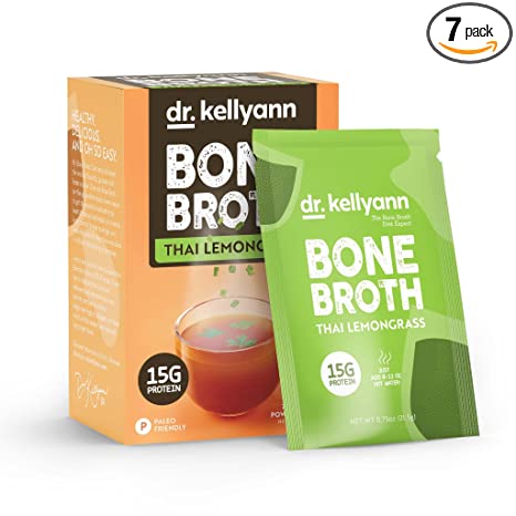 Dr. Kellyann Bone Broth Collagen Powder Packets (7 Servings, 1 Box) - Thai Lemongrass, 16g Protein/Serving, 100% Grass-Fed Hydrolyzed Collagen Powder, Keto & Paleo Friendly