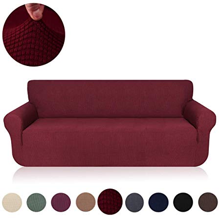 misaya Stretch Sofa Cover Soft Non-Slip Furniture Protector Jacquard Checks 1-Piece Couch Slipcover for Sofa Extra Large, Wine Red