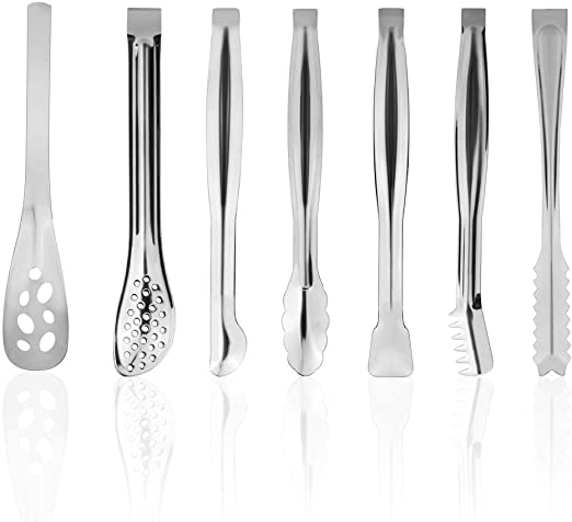 Picowe 7 Pack Mini Serving Tongs Spoon Set, 6inch Appetizers Tongs Sugar Ice Small Kitchen Tongs for Tea Coffee Bar Kitchen, Stainless Steel, Silver