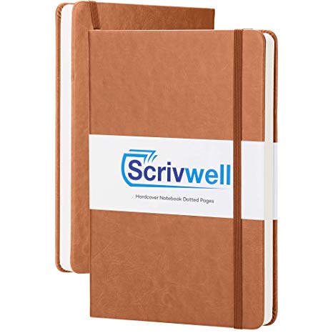 Scrivwell Dotted A5 Hardcover Notebook - 208 Dotted Pages with Elastic Band, Two Ribbon Page Markers, 120 GSM Paper, Pocket Folder - Great for Bullet journaling - Brown