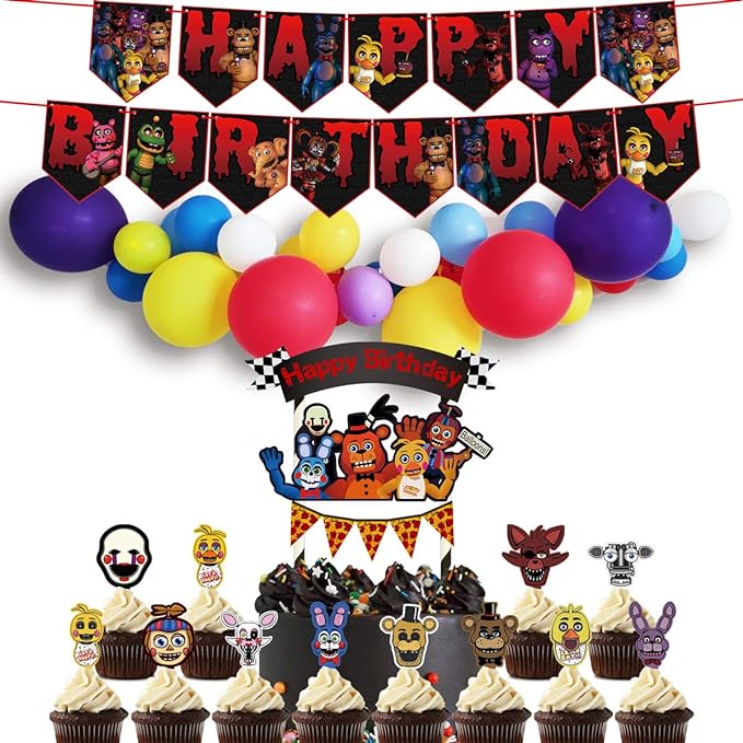 Fnaf Party Supplies Theme Decorations Happy Birthday Banner 1 Cake Topper 24 Cupcake Toppers 35 Balloons Balloon Strip