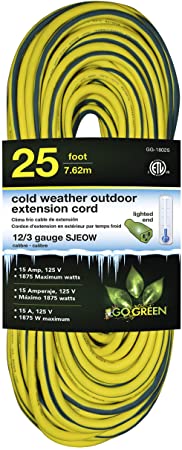 Perfpower Go Green Power GG-18025 12/3 SJEOW Cold Weather Extension Cord, 25-Feet, Yellow