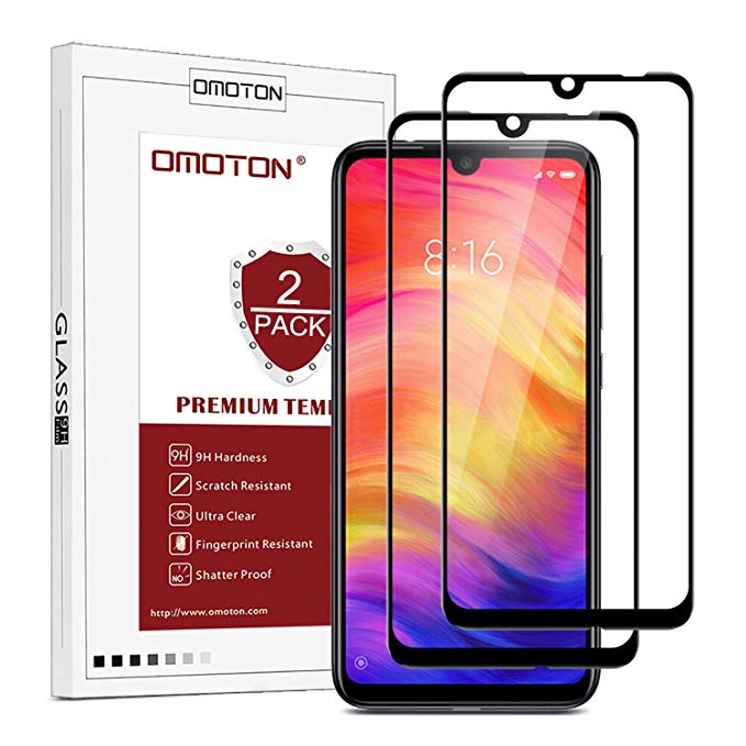 OMOTON [2 Pack] Compatible with Xiaomi Redmi Note 7 Screen Protector [Full Coverage][Crystal Clear][Bubble Free][Easy Installation] Tempered Glass Screen Protector for Xiaomi Redmi Note 7,Black