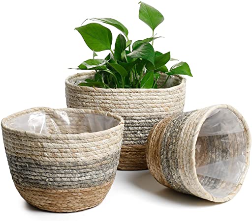 POTEY 740105 Seagrass Plant Basket Set of 3 - Hand Woven Basket Indoor Outdoor Storage Flower Pot Cover with Interior Plastic Coatin Home Decor & Natural Plant Containers (White Gray)