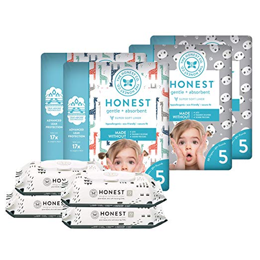 The Honest Company Super Duper Club Box with True Absorb Diapers & 288ct Designer Wipes, Pandas & Safari, Size 5, 80 Count
