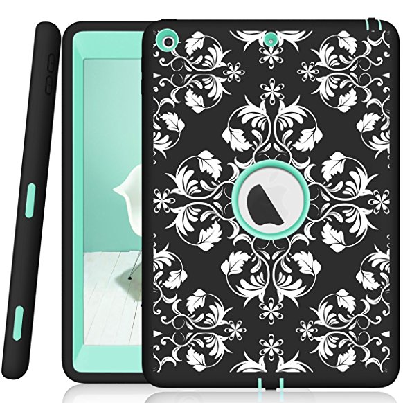 iPad 5th Generation Case, iPad 9.7 2017 Case, Hocase Shockproof Dual Layer Hard Shell Rubber Bumper Protective Case with Flower Vine Pattern and Kickstand for iPad Model A1822/A1823 - Black / Teal