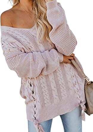 Ecrocoo Women's Off Shoulder Long Sleeve V-Neck Ribbed Cable Pullover Sweaters Loose Fitting Jumper Tops