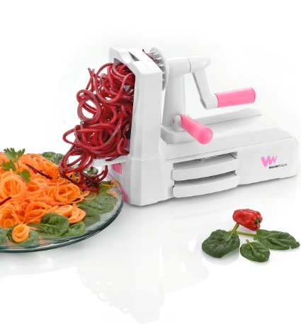 WonderEsque Spiralizer Tri Blade - 40% Smaller, More Compact - Includes Cleaning Brush - Compact Intelligent Spiral Slicer - Fits in Every Drawer - White and Pink