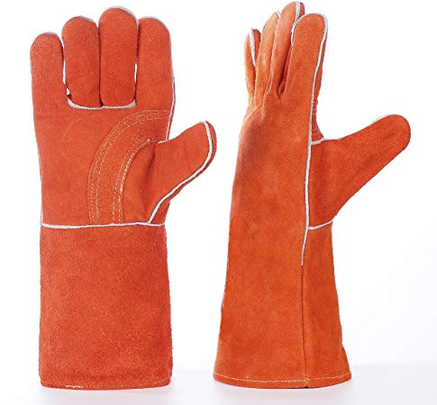 QeeLink Welding Gloves - Heat Resistant & Wear Resistant Lined Leather and Fireproof Stitching - For Tig/Mig Welders/Fireplace/BBQ/Gardening/Grilling/Stove (16 Inch, Orange)