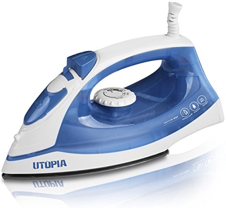 Professional Steam Iron with Nonstick Soleplate - Powerful Steam Output - Dry Iron Function - White/Blue 1200 Watt - by Utopia Home