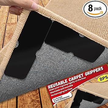 Rug Carpet Non Slip Grippers for Floors, Reusable and Washable Double Sided Carpet Tape Pads Removable, Strong Adhesive Grippers for Area Rugs, Keep Corners Flat, No Damaging for Floor, 8Pcs