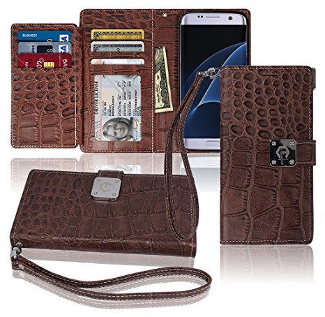 S7 Edge Wallet Case, Matt [ 8 Pockets ] 7 ID / Credit Card 1 Cash Slot, Power Magnetic Clip With Wrist Strap For Samsung Galaxy S 7 Edge Leather Cover Flip Diary (Brown)