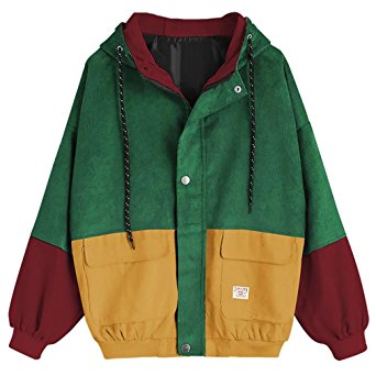 Tloowy Hot Sale! Women Teen Girls Vintage Long Sleeve Color Block Corduroy Hooded Jacket Coat Windbreaker Oversized