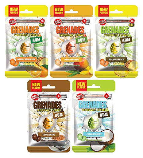 Grenades Explosively Strong Sugar-Free Gum - Intense Minty Blast That'll Blow You Away - Breath Freshening & Long Lasting Flavor - Tropical Fruit & Coffee Gum Variety Pack of 5 (150 Pieces)