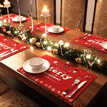 AMFOCUS Merry Christmas Placemats Set of 6, with Reindeer Santa Snowman Printed, Non-Slip Place mats Washable Table Mats, 12 × 18 inch