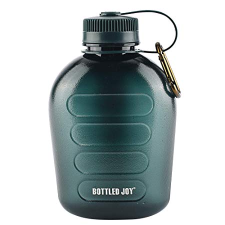 BOTTLED JOY Military Canteen Water Bottle, Plastic Tritan Sports Water Bottle Portable with Strap for Hiking Camping, 1 Quart