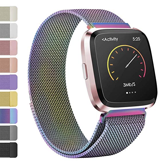 iGK Metal Replacement Bands Compatible for Fitbit Versa/Versa Lite Edition, Stainless Steel Loop Metal Mesh Bracelet Unique Magnet Lock Wristbands