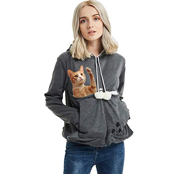 Women’s Pet Pouch Holder,Dog Cat Carrier Sweatshirt Long Sleeve Kangaroo Pullover Hoodie Womens Tops Animal Pouch Hood