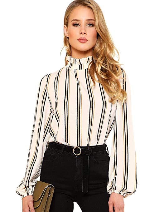 Romwe Women's Elegant Striped Stand Collar Workwear Blouse Top Shirts