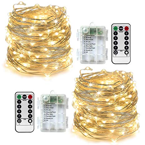 Homeleo 2-Pack Flexible Indoor LED String Light, Powered by AA Battery, 8 Modes Lighting, Brightness Dimmable, 33ft 100Led(Warm White)