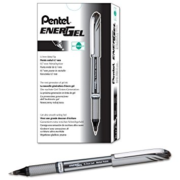 Pentel EnerGel NV Liquid Gel Pen, 0.7mm, Medium Line Capped, Metal Tip, Black Ink, Box of 12 (BL27-A)