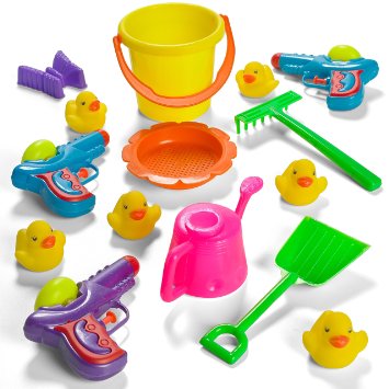 Prextex Summer Fun 6 Piece Children's Kid's Toy Beach/Sandbox Tool Play set, Comes with Watering Bucket, Pail, Hand Tools, Sand Mold, Rubber Duckies and Water Guns