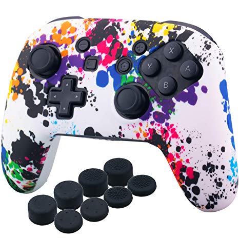 YoRHa Studded Transfer Pringt Silicone Cover Skin Case Only for Nintendo OFFICIAL Switch Pro Controller x 1(Graffiti) With Pro Thumb Grips x 8