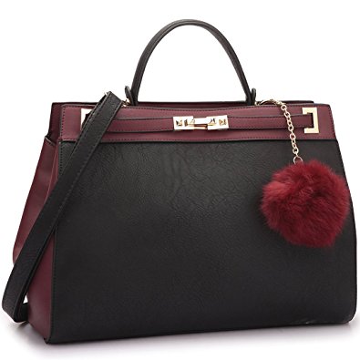 Dasein Women's Designer Two Tone Turn Lock Satchel Handbags Shoulder Bag Briefcase With Pom-Pom Puff