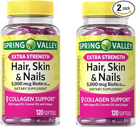Anexa Spring Valley Extra Strength Biotin Hair, Skin & Nails Dietary Supplement, 5,000 mcg, 120 Count (Pack of 2), 240 Count (Pack of 1)
