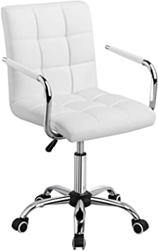 Yaheetech White Desk Chairs with Wheels/Armrests Modern PU Leather Office Chair Midback Adjustable Home Computer Executive Chair on Wheels 360° Swivel