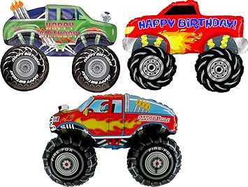 Monster Truck Rally Party Supplies Birthday Balloon Bouquet Decorations 3 Trucks