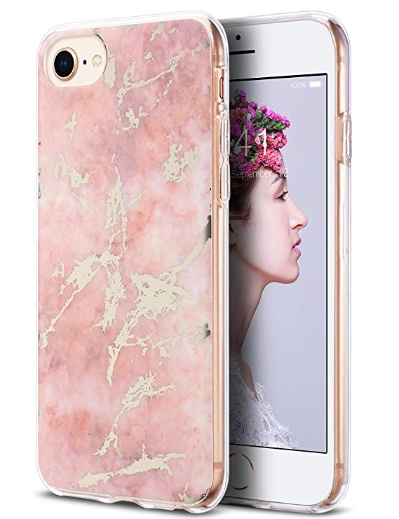 ULAK iPhone 8 Case, iPhone 7 Case,iPhone 6/6S Case, Slim Clear Hybrid Shock Absorbing & Scratch Resistant Case Cover Hard Back Panel   TPU Bumper for Apple iPhone 8,7,6 & 6S 4.7 inch-Marble Pink