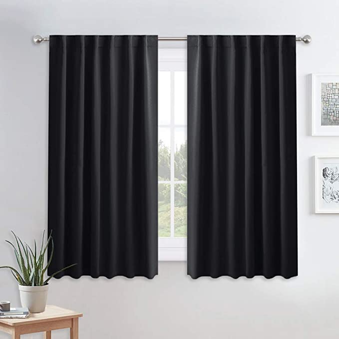 Black Out Window Curtain Panels - PONY DANCE Short Full Shade Blackout Curtains for Bedroom Light Block Sound Proof Room Darkening Covering for Night Shifts, Set of 2, 52" W x 45" L, Black