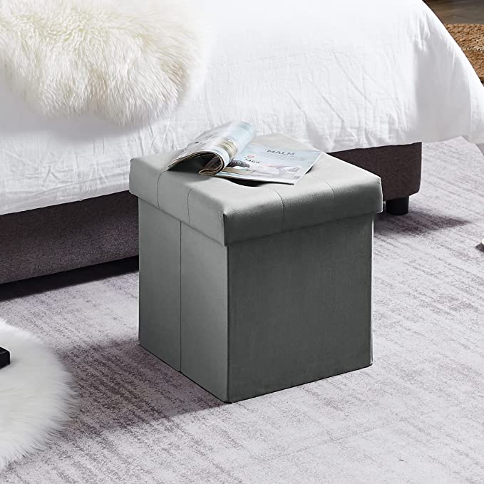 VECELO Upholstered Storage Bench, Folding Tufted Ottoman, Foot Rest Organizer for Entryway, Living Room, Bedroom, Twin, Grey