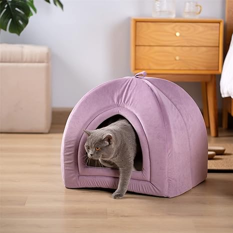 KASENTEX Cat Bed for Indoor Cats, 2-in-1 Cat House Pet Supplies for Large Cat or Small Dog - Animal Cave, Cat Tent with Removable Washable Pillow Cushion, (Purple, 19x19x19)