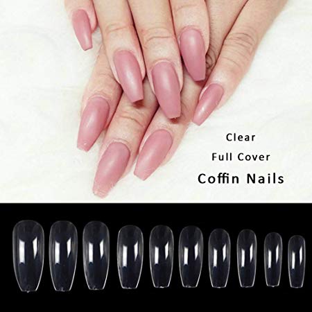 500PCS Coffin Nails Full Cover Ballerina Nail Tips False Artificial Acrylic Nails (Full-Clear)