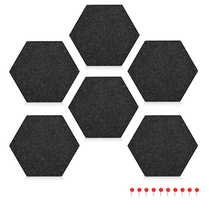 Navaris Hexagon Felt Board Tiles - Set of 6 Notice Memo Bulletin Boards with Push Pins Pack 5.9 x 7 inches (15 x 17.7 cm) - Dark Grey