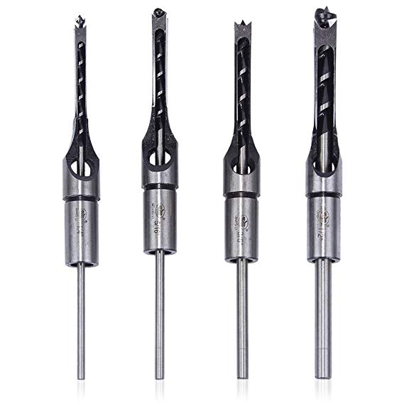 HSS Mortising Chisel Set, Ankoow 4Pcs Woodworking Square Drill Bits Wood Hole Saw with Twist Drill (1/4-Inch, 5/16-Inch, 3/8-Inch, 1/2-Inch)
