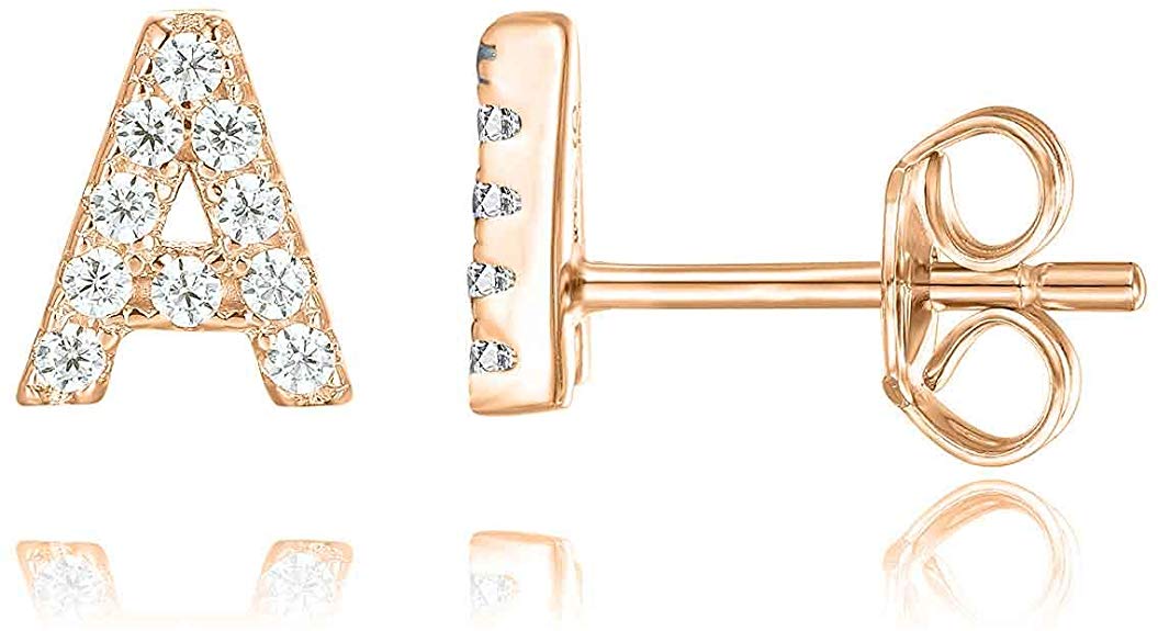 PAVOI 14K Rose Gold Plated Sterling Silver CZ Alphabet Letter Earrings | Initial Earrings for Girls