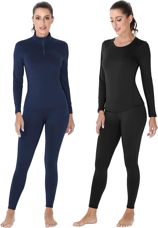 Odoland 2 Pack Thermal Underwear for Women, Winter Warm Skiing Base Layer Set Mock Turtleneck Sport Top & Bottom