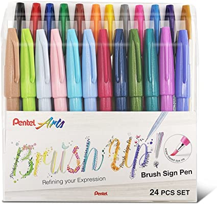 Pentel Fude Brush Sign Pen SES15C - Fibre Tip - Full Range Set - 24 Bright & Pastel colors