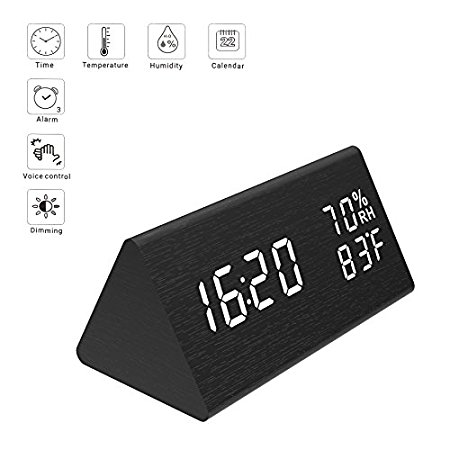 Micarsky Digital Alarm Clock, Wooden Led Alarm Clock with Triple Alarms Setting, 3 Levels Brightness, Dual Power, Dual Time (12/24) Mode, Voice Control, Temperature and Humidity LED Digital Displaying
