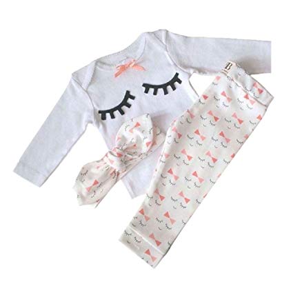 Yilaku Eyelash Cute Newborn Baby Girl Clothes Top   Pants   Headband 3pcs Toddler Clothing Sets