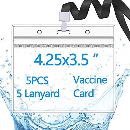 CDC Vaccine Card Protector Waterproof 4x3 Covid Vaccination Card Holder 5 Packs with Lanyards Vaccine Cards Case Immunization Record Horizontal Badge ID Name Tags Clear Plastic Sleeve Slots for Events