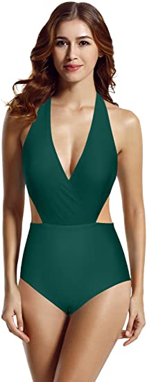 zeraca Women's Surplice Neckline High Waisted Halter One Piece Monokini Swimsuit