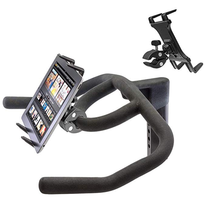 Heavy Duty Clamp Mount w/Universal iPad Pro Tablet Holder for Stationary Bicycle Treadmill Elliptical Indoor Exercise Spin Bike Microphone Stand & Boat Helm (Fits all iPad AIR MINI PRO & Cases)